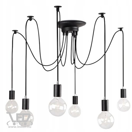 Modern lámpa, függeszték, csillár, 6db E27 foglalattal, fekete kábel, plafon rögzítőkkel. Az égő nem tartozék!