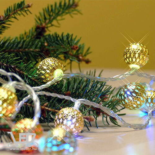 Karácsonyi fémgömb kül- és beltéri füzér 40 db színes RGB LED